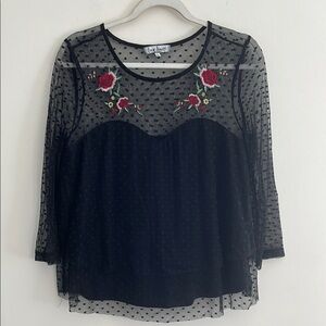 Almost Famous Embroidered Sheer French Dot Top‎ Gothic Floral L Black Tumblr